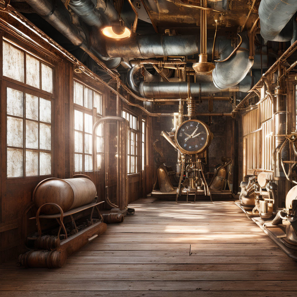 Rustic Interior with Wooden Walls, Large Windows, Vintage Industrial Equipment