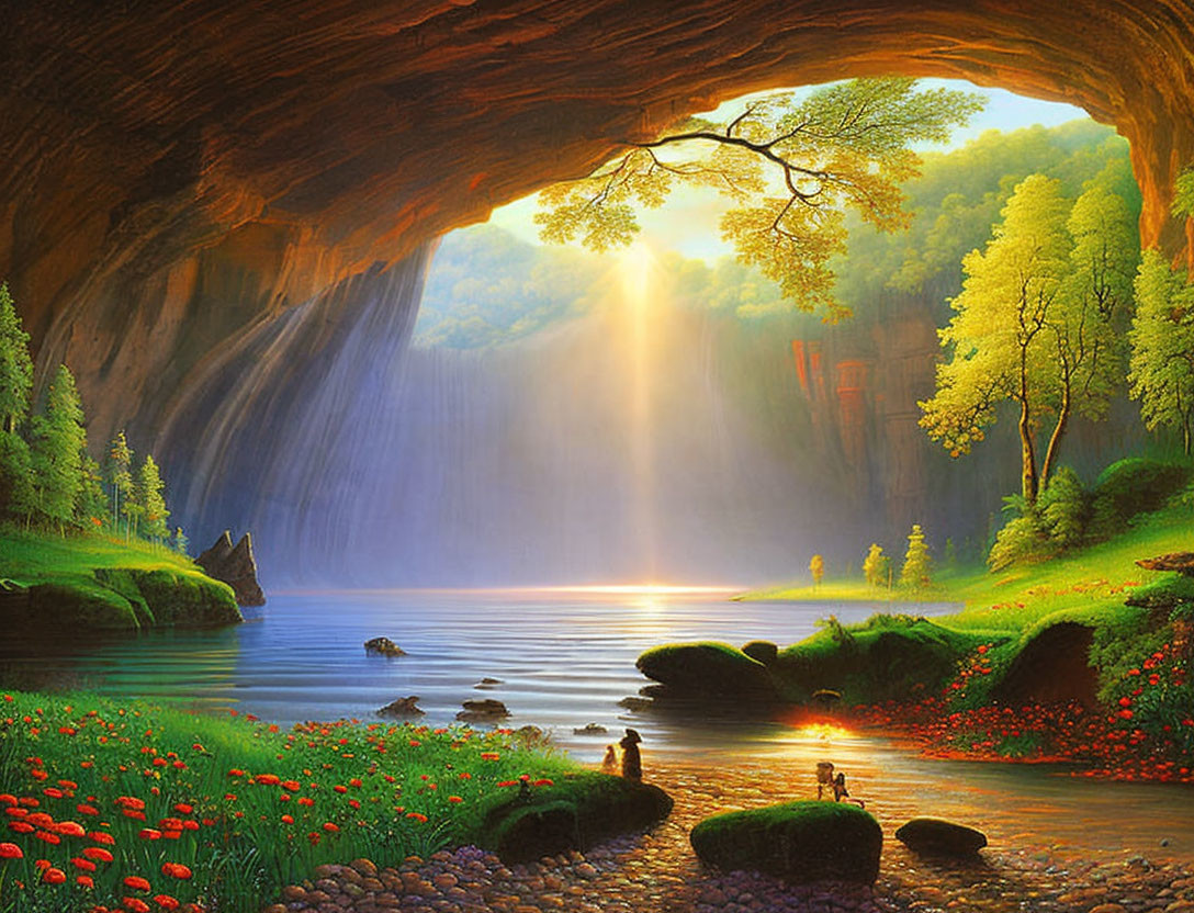 Tranquil cave opening onto serene lake with waterfalls and sunrise