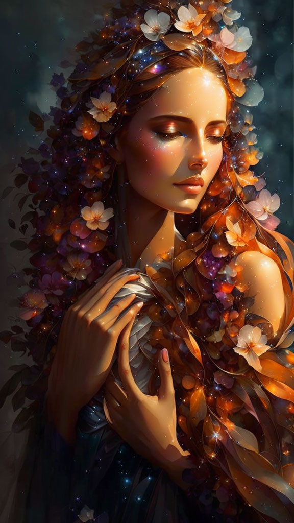 Serene woman with starlight glow and floral hair accessory.