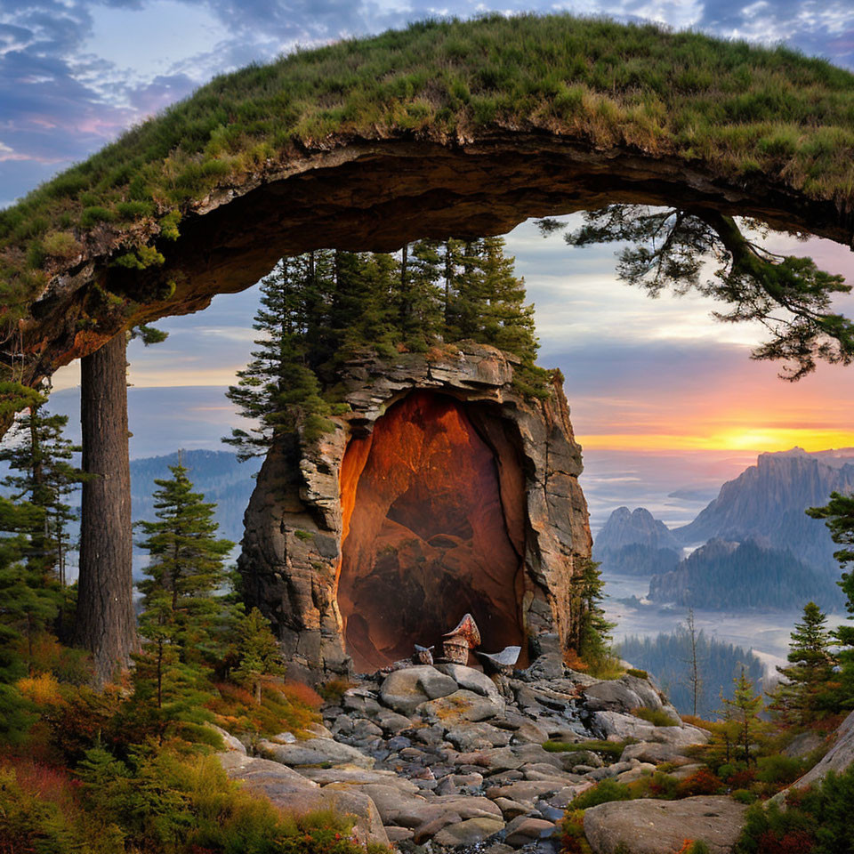 Majestic natural rock arch with lone tree at sunset