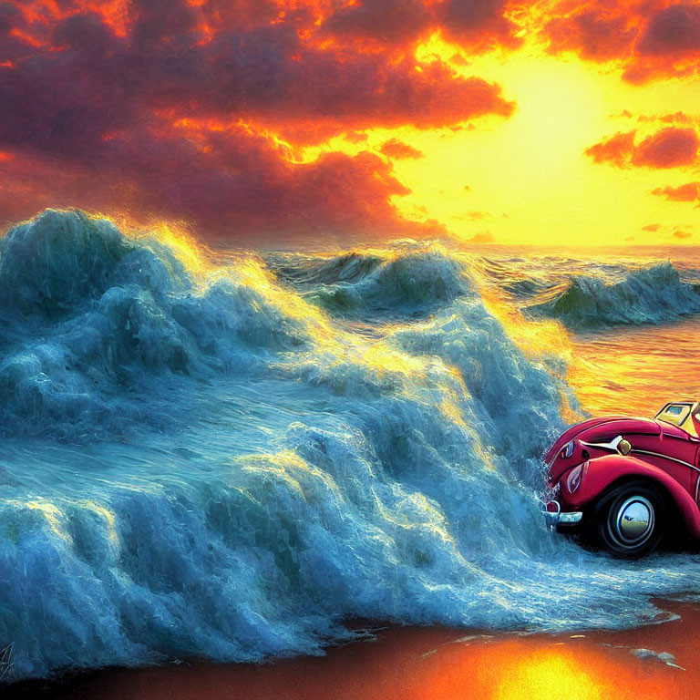 Vintage Red Car on Beach with Dramatic Waves and Sunset Sky