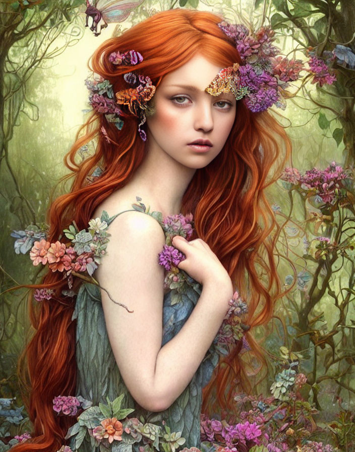 Woman with Red Hair and Flowers in Floral Setting