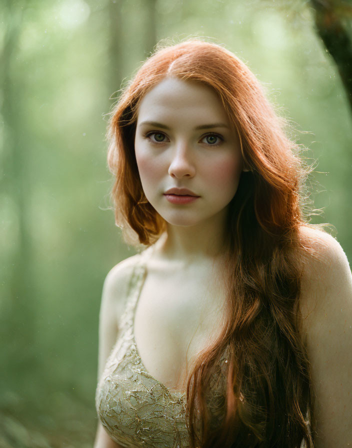 Red-haired woman in green dress gazes in forest setting