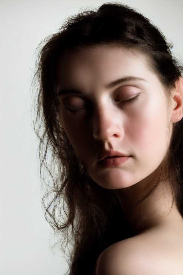 Portrait of woman with closed eyes, fair skin, and curly hair on neutral background