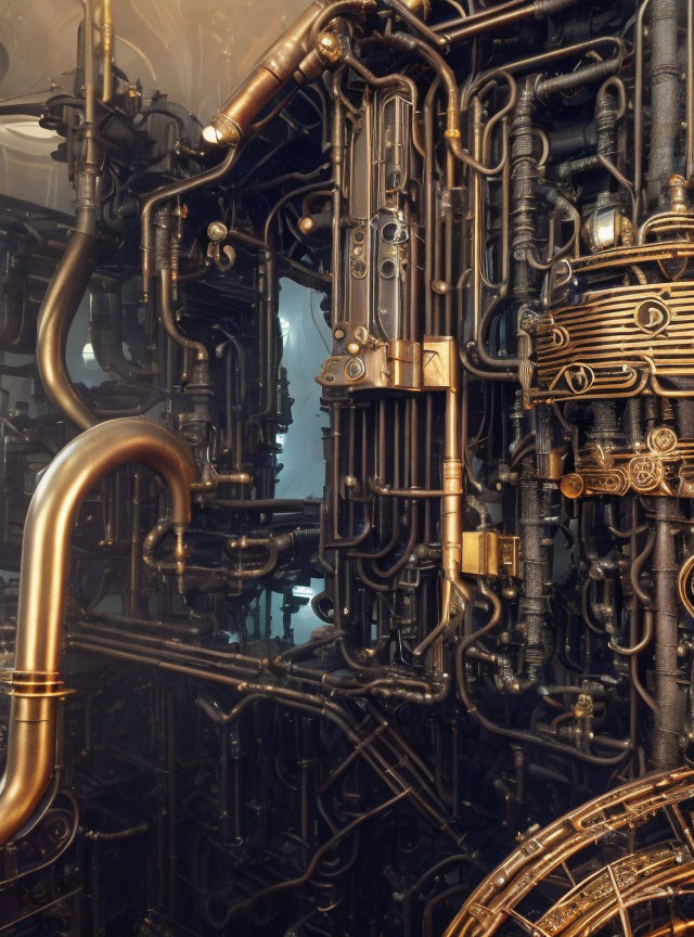 Shiny metallic pipes and valves in complex network.