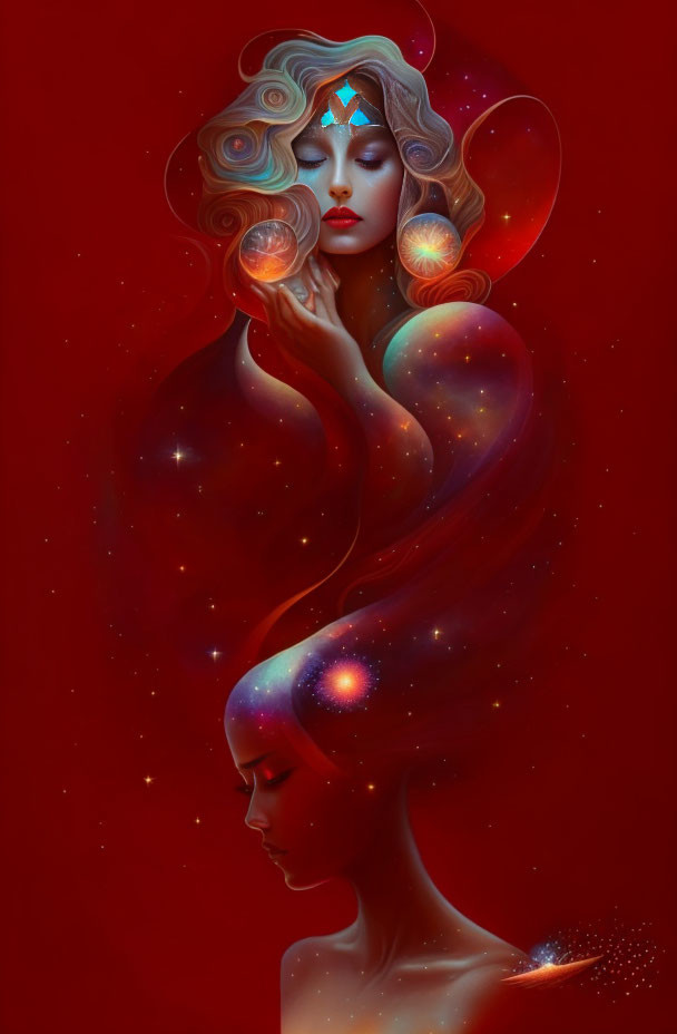 Surreal illustration: woman with galaxy skin holding planets on red background