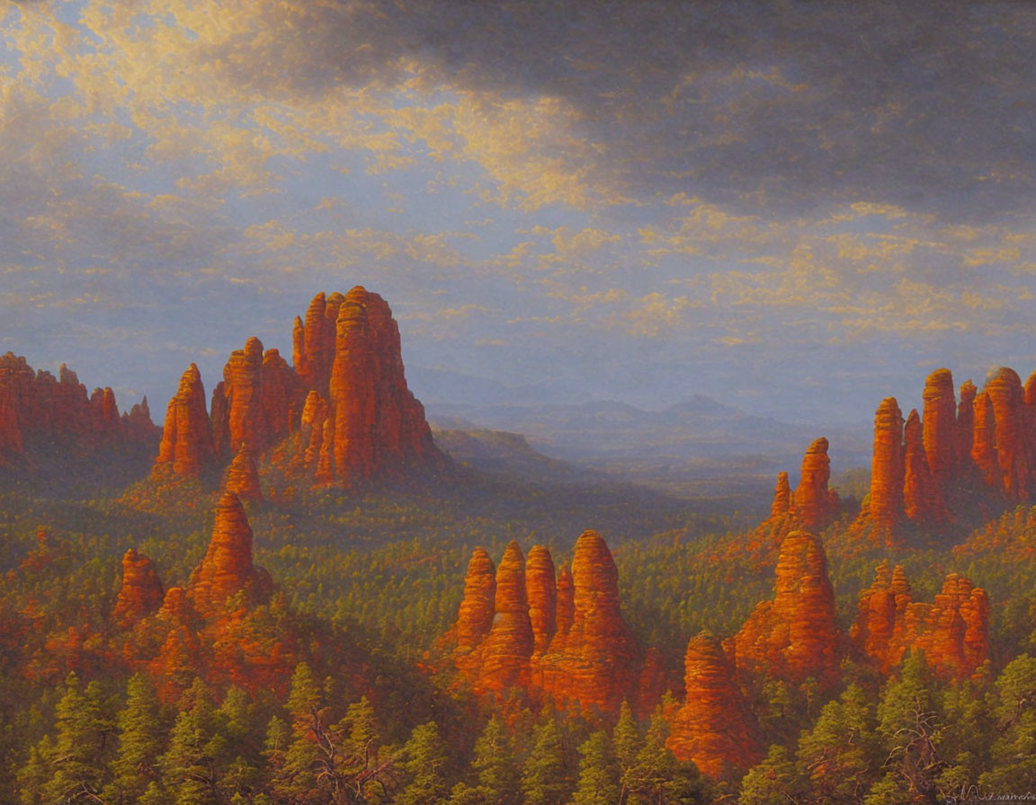 Vibrant painting of red rock formations in forest under cloudy sky