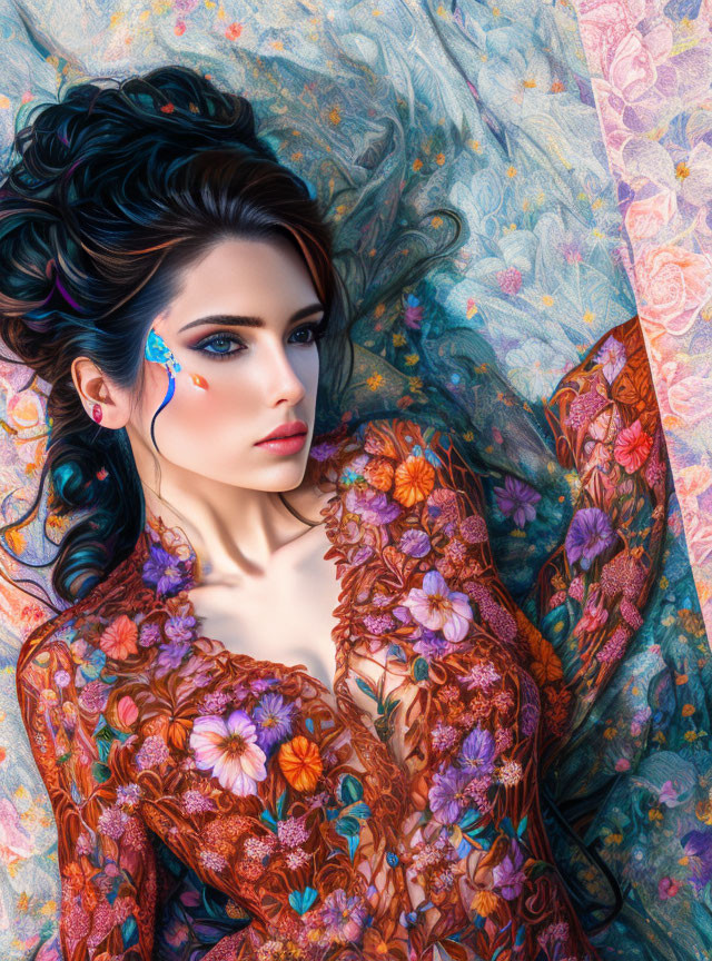 Dark-haired woman in creative makeup on colorful floral backdrop wearing patterned outfit