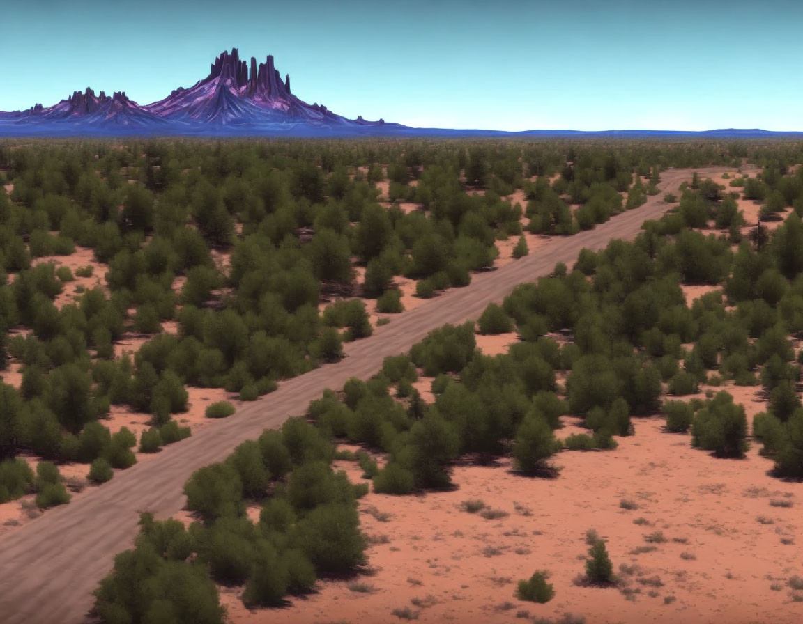 Sparse desert landscape with winding dirt road & mountain formation