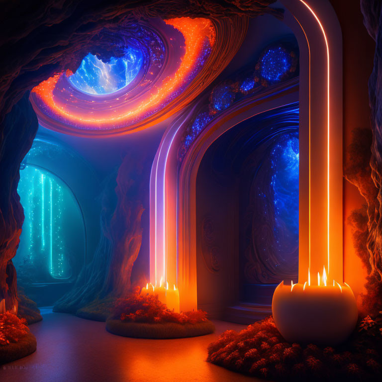 Vibrant fantasy cave with glowing blue and orange formations