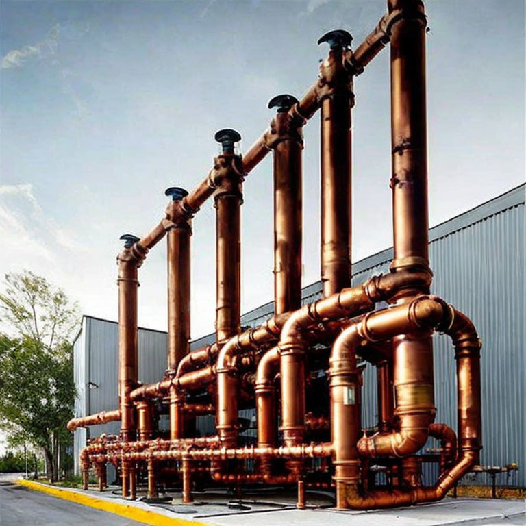 Industrial building with large pipes, bends, and red valves under clear sky