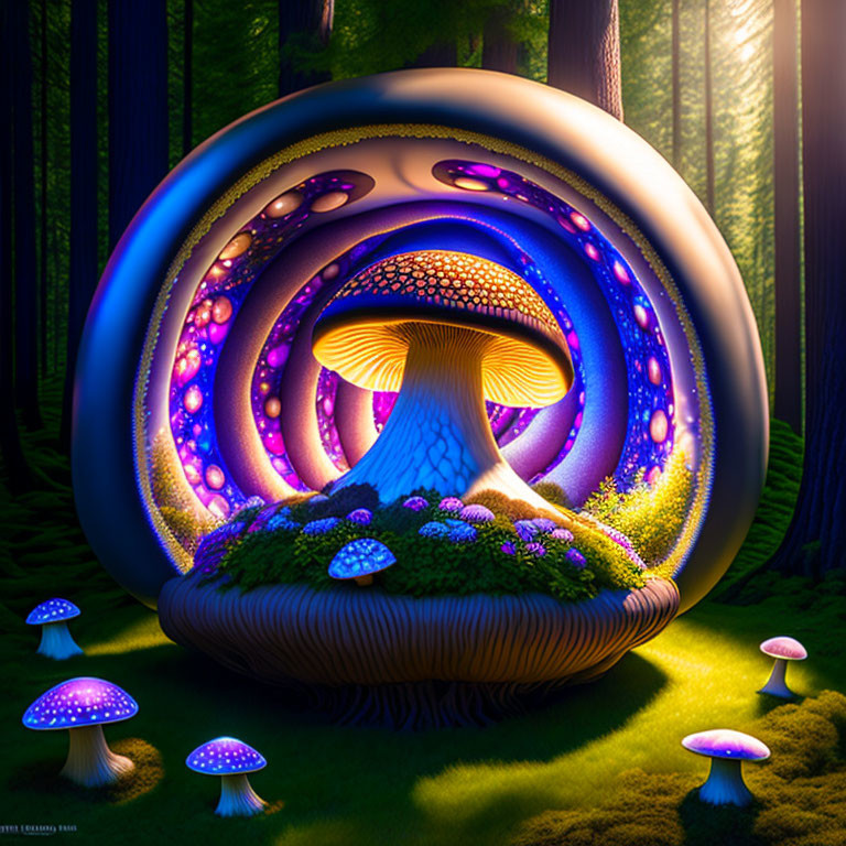 Luminous mushroom digital artwork in mystical forest