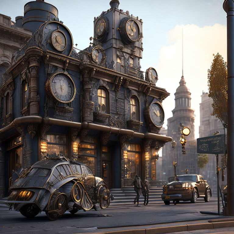 Steampunk Cityscape with Vintage Car, Pedestrians, and Clock-Adorned Building