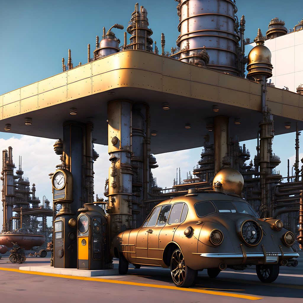 Golden retro-futuristic car at matching service station with industrial structures against clear sky