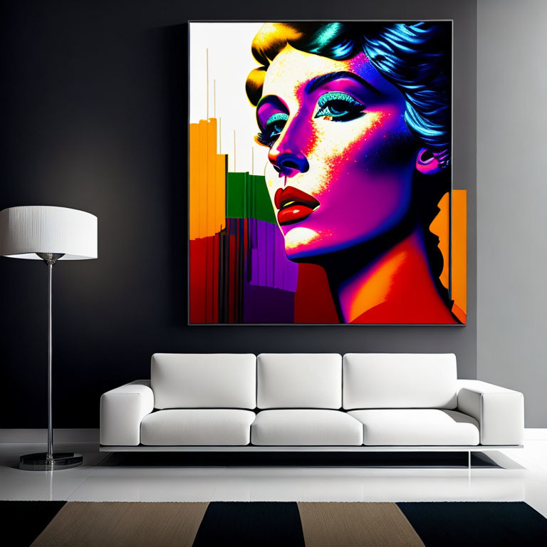 Colorful pop art woman portrait above white sofa in modern monochromatic living room