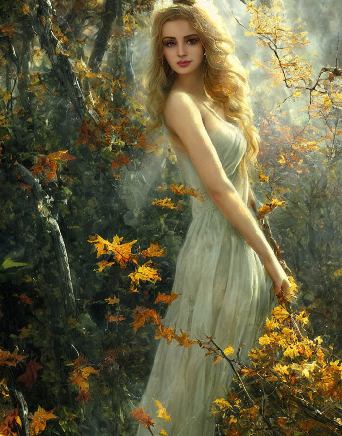 Blonde woman in white dress surrounded by autumn trees with golden leaves