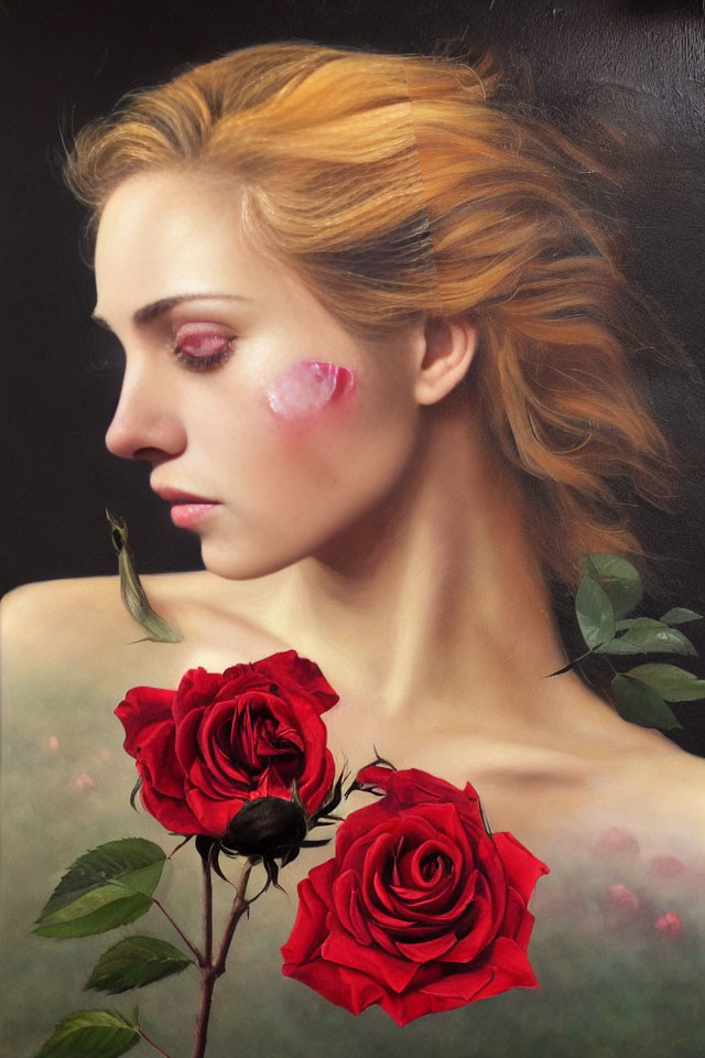 Golden-haired woman with pink heart on cheek beside red roses and green bird.