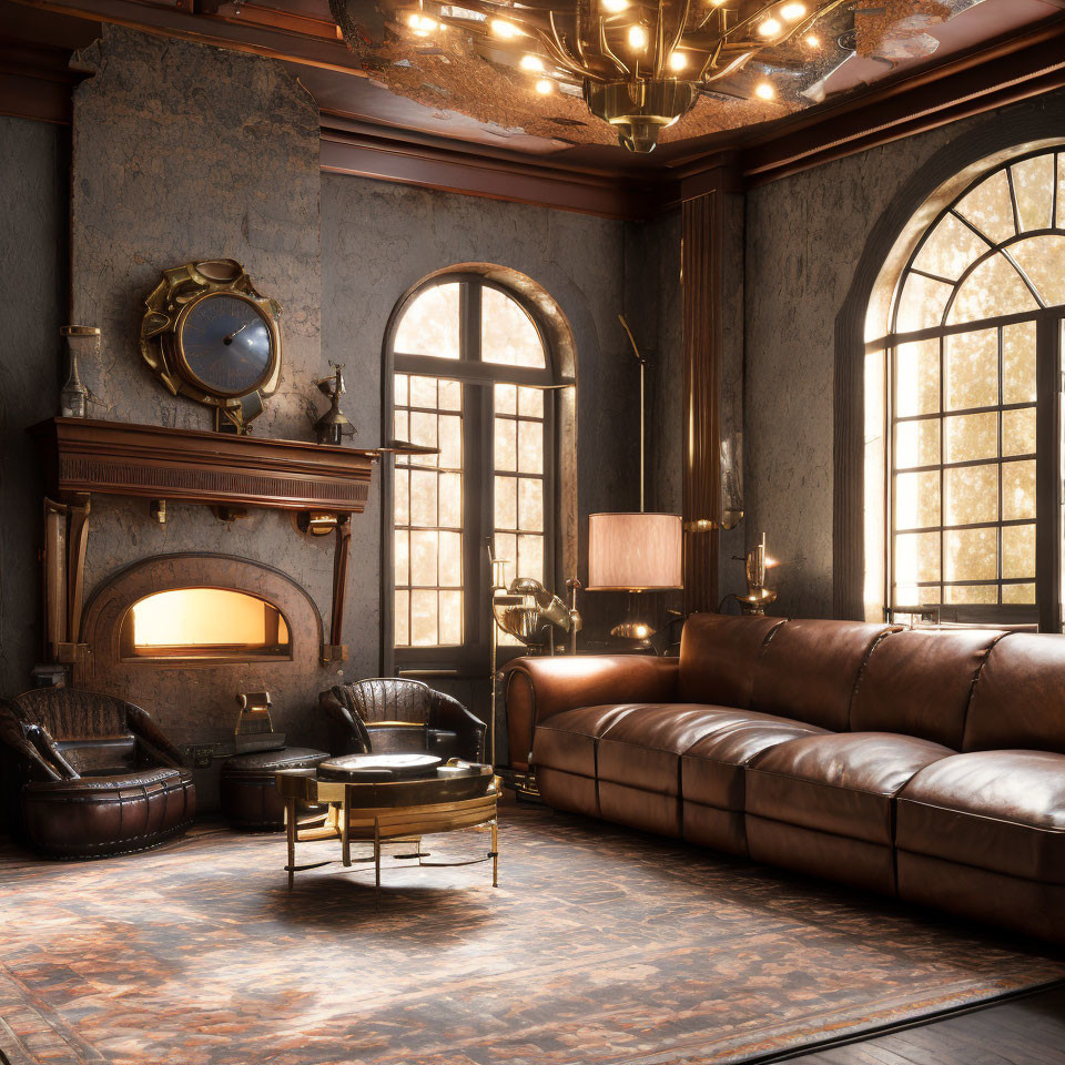 Luxurious living room with cozy fireplace, leather sofas, arched windows, and vintage decor.