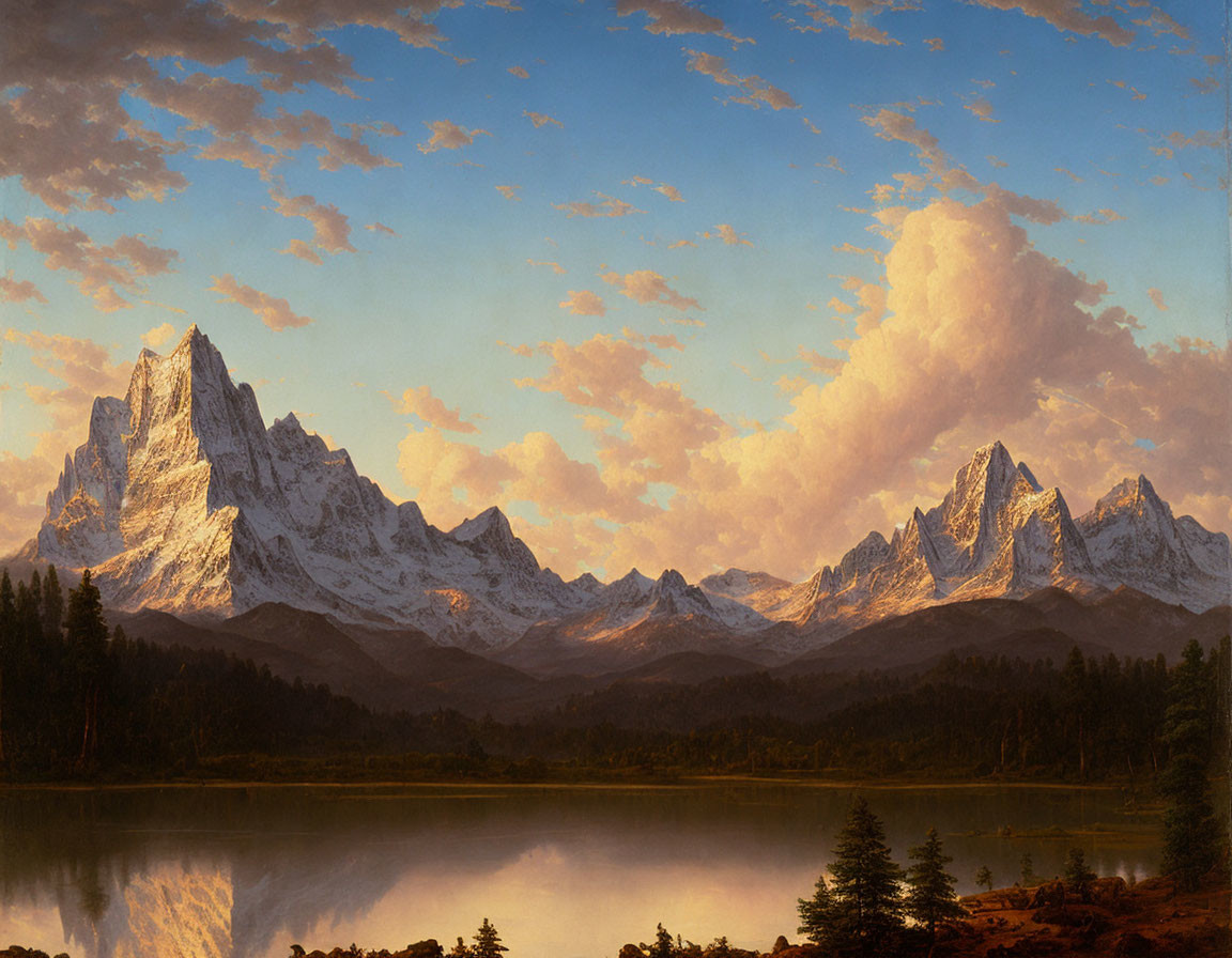 Snow-capped mountain range reflected in serene lake under warm-hued clouds