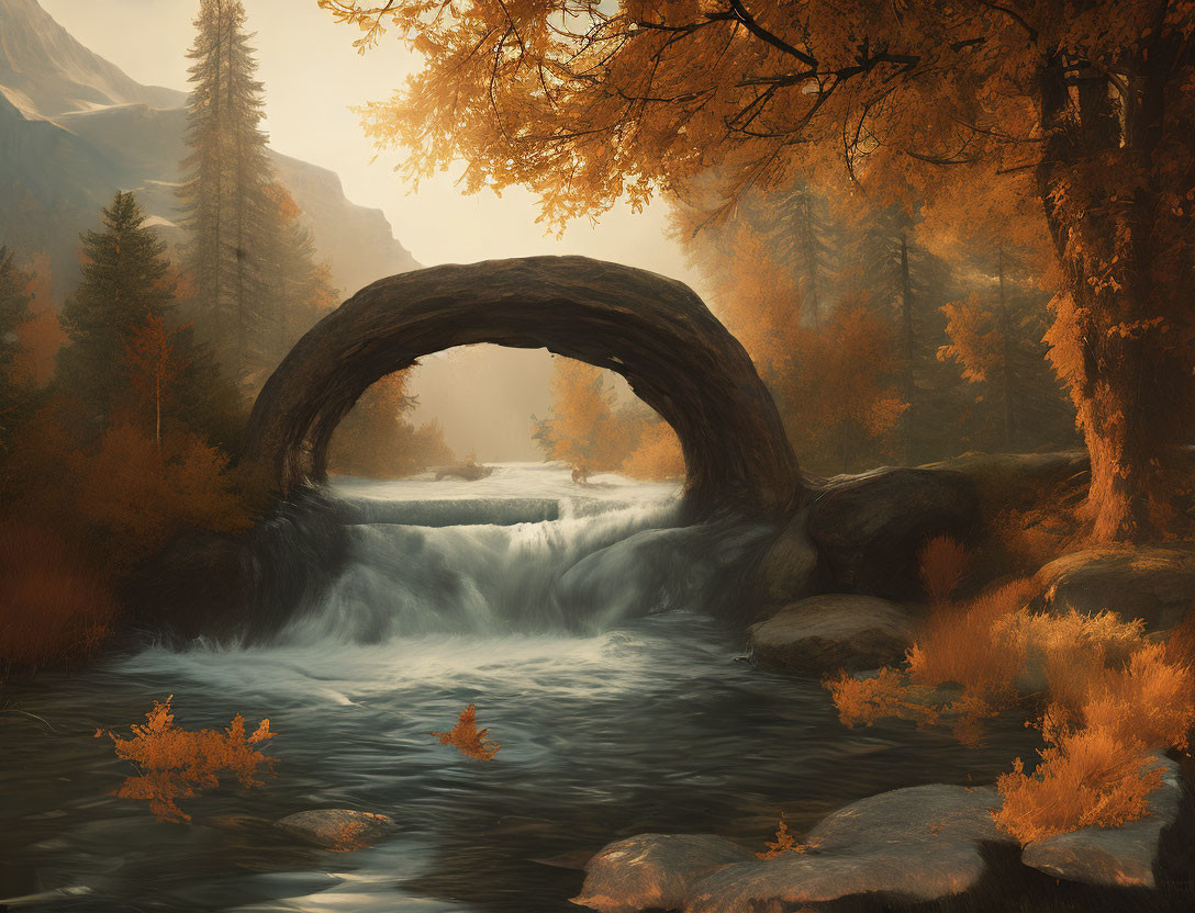 Scenic autumn landscape with stone bridge, river, golden trees