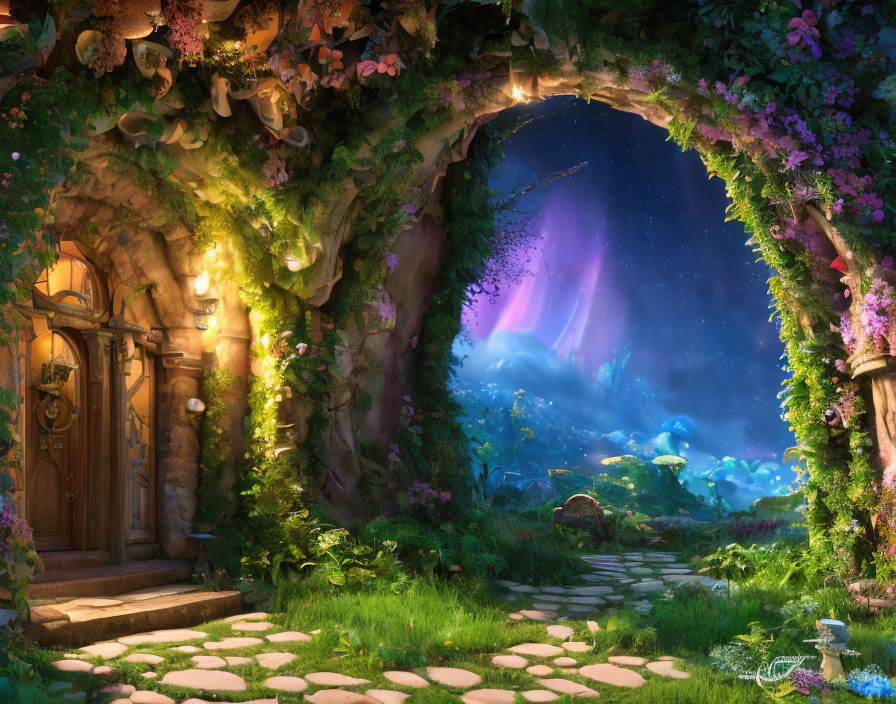 Enchanting garden archway under vibrant night sky with aurora, lush plants, glowing mushrooms,