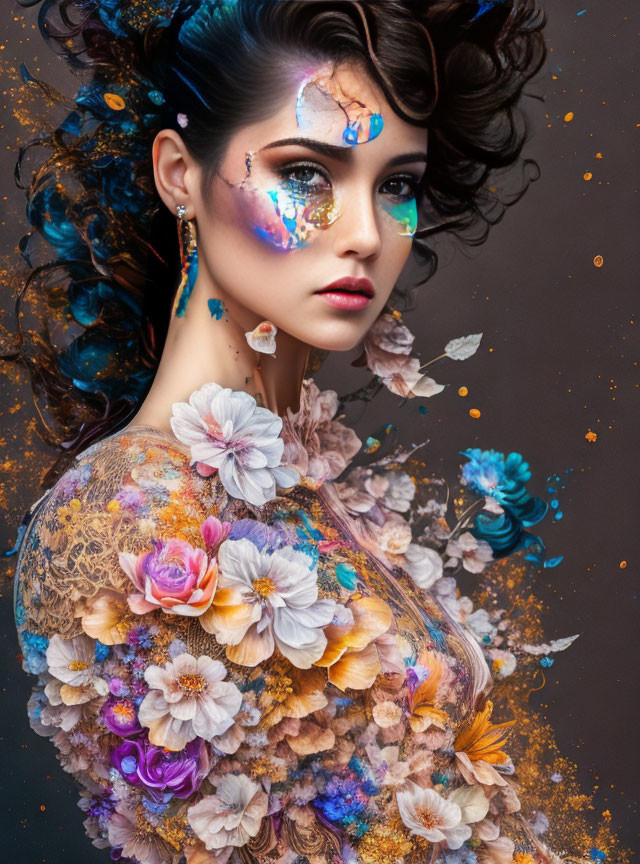 Woman with artistic floral makeup and matching outfit against dark background