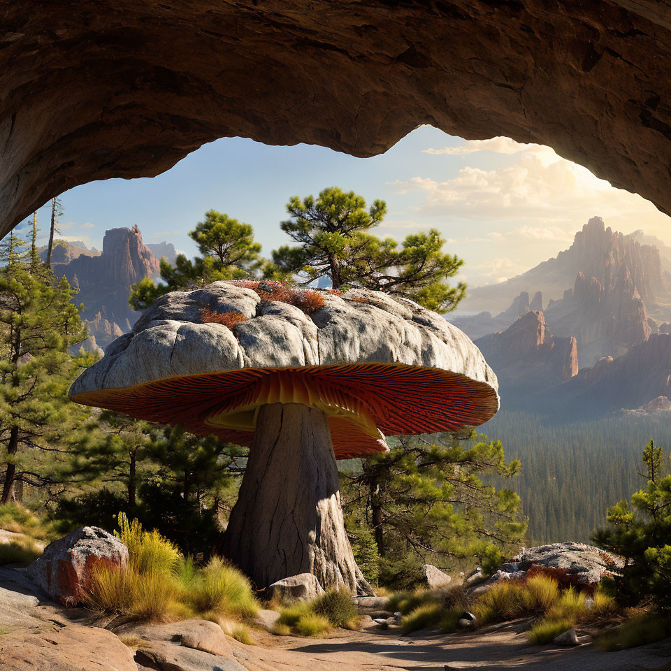 Digital art of large mushroom under arch with pine tree, mountains, and forest.