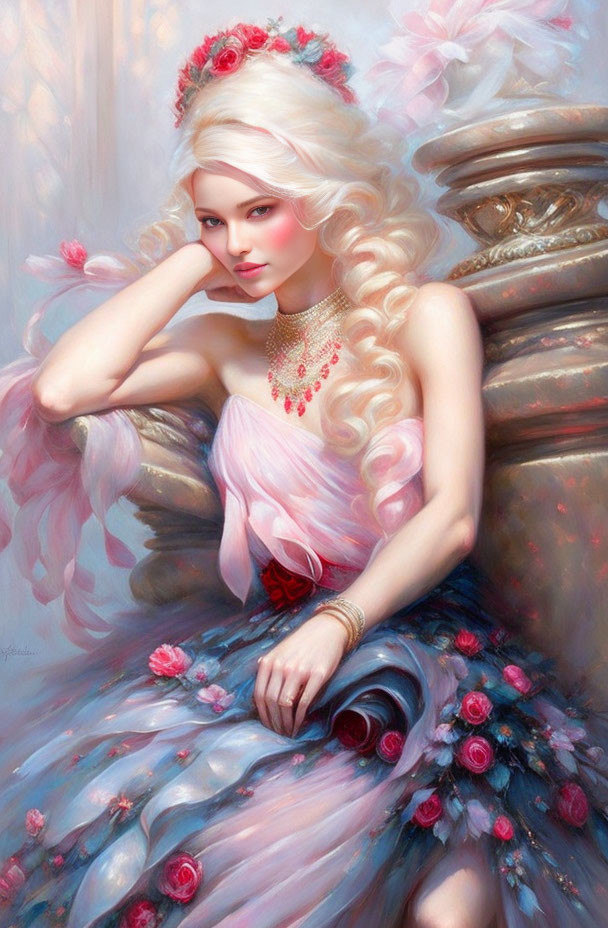 Blonde woman with roses in hair, pink dress, chin resting on hand