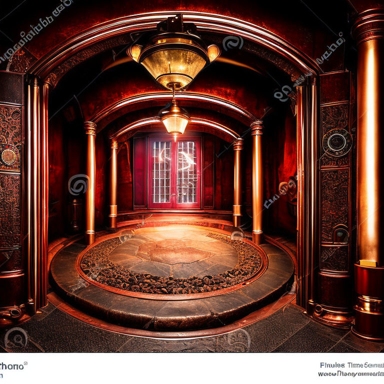 Luxurious Red Circular Room with Golden Patterns and Vintage Lamp