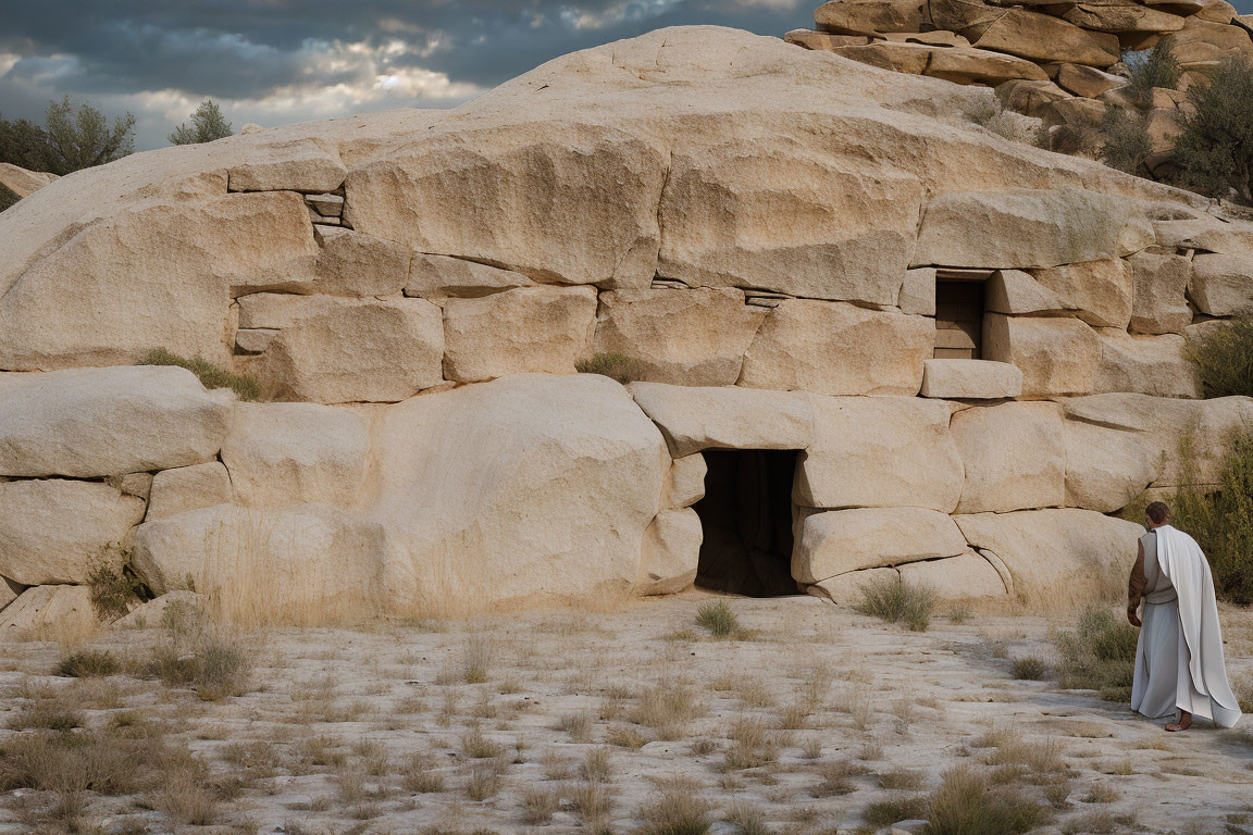 Person in white robes approaching ancient stone door in rock formation