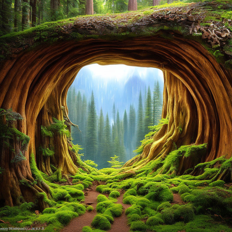 Lush forest landscape with natural tree archway and path