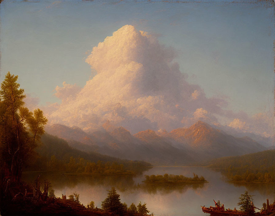 Tranquil landscape painting: billowing cloud over serene lake at sunset