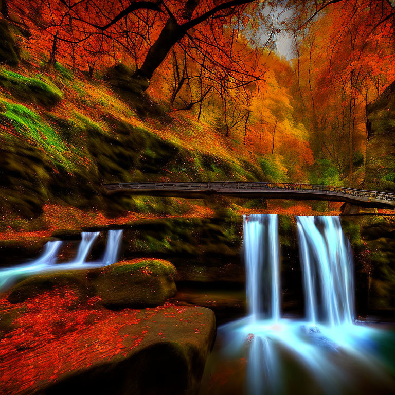 Autumn Scene: Wooden Bridge, Twin Waterfalls, Fiery Foliage