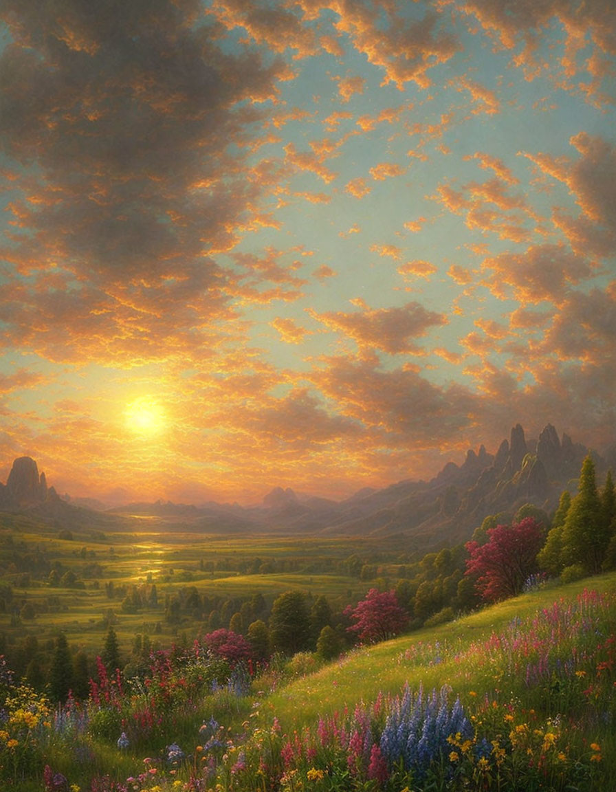 Colorful sunrise landscape with flower-filled meadow and distant mountains under golden sky