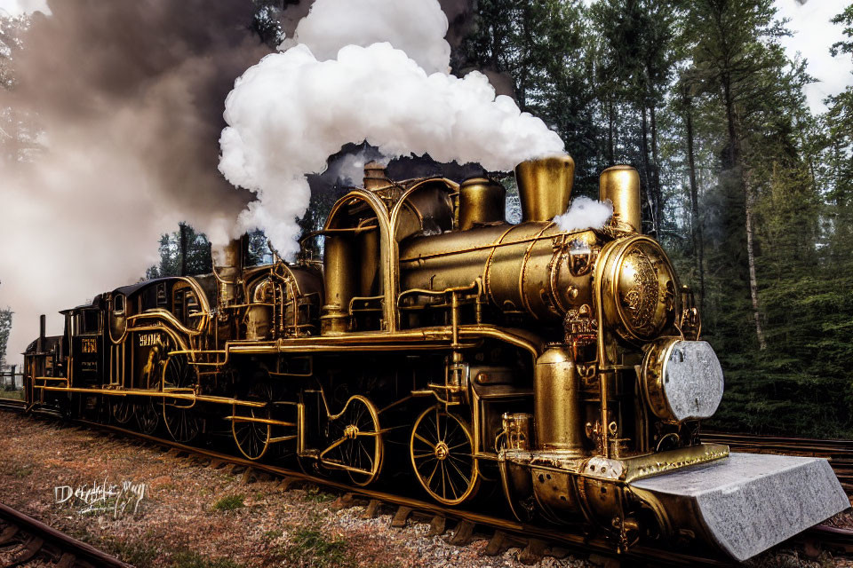 Vintage Steam Locomotive with Billowing Smoke on Tracks in Forest Setting