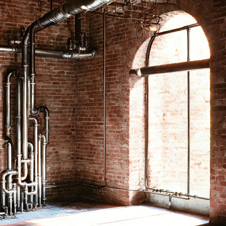 Spacious arched window brightens industrial room with exposed brick wall