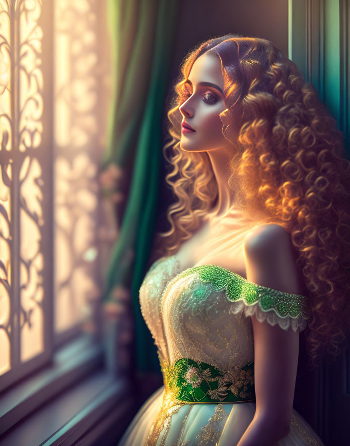 Curly-haired woman in ornate dress by window with warm sunlight.