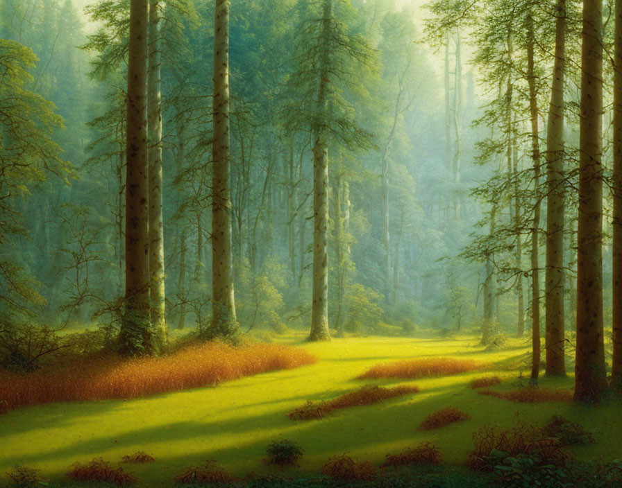 Serene forest scene with sunlight filtering through trees