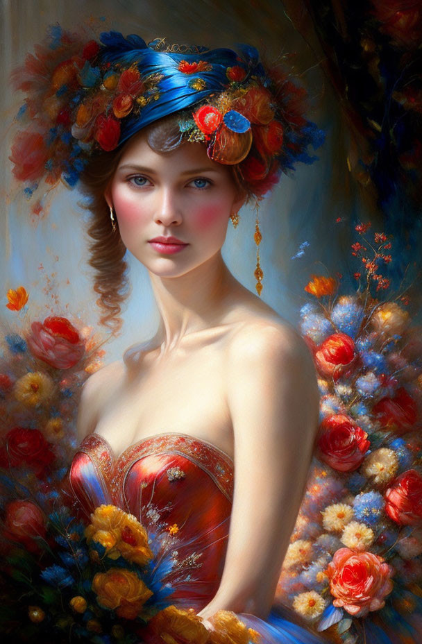 Woman with Floral Headpiece and Red Dress Surrounded by Vibrant Flowers