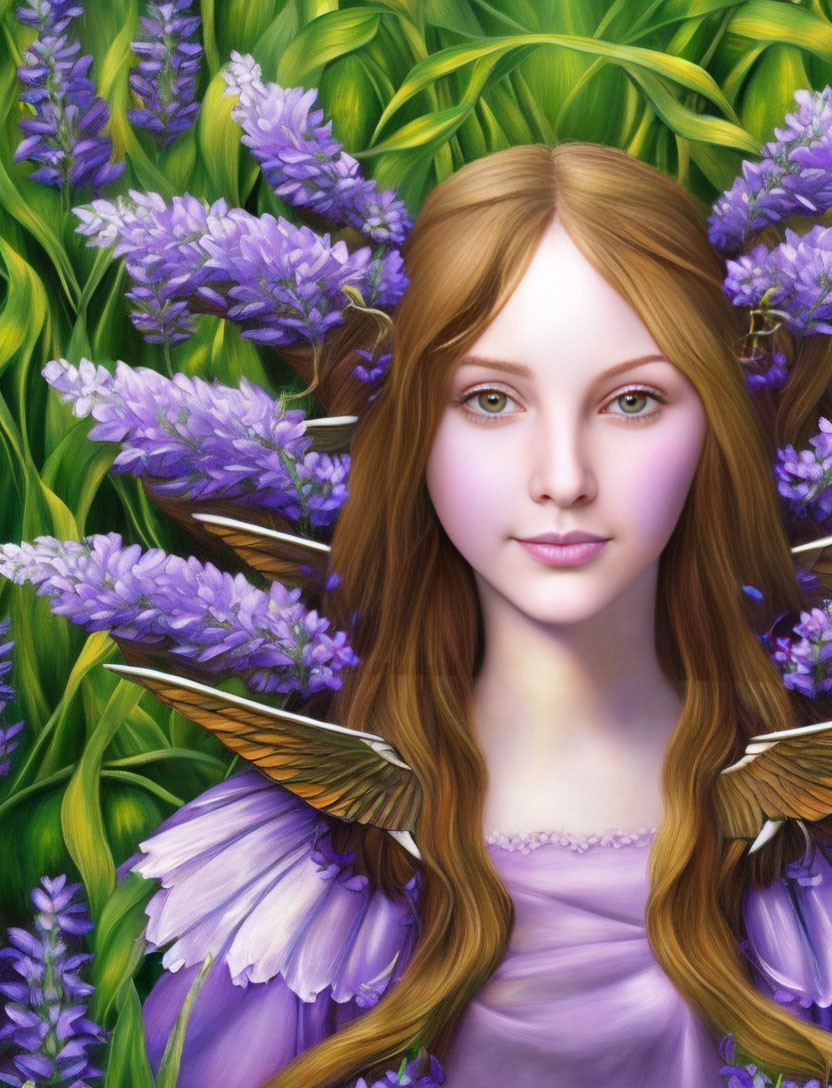 Woman with Butterfly Wings Surrounded by Green Foliage and Purple Flowers