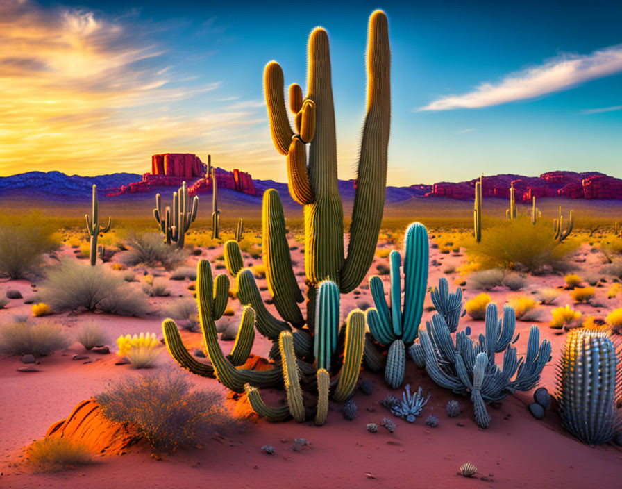 Vibrant sunset desert landscape with tall cacti and red rock formations