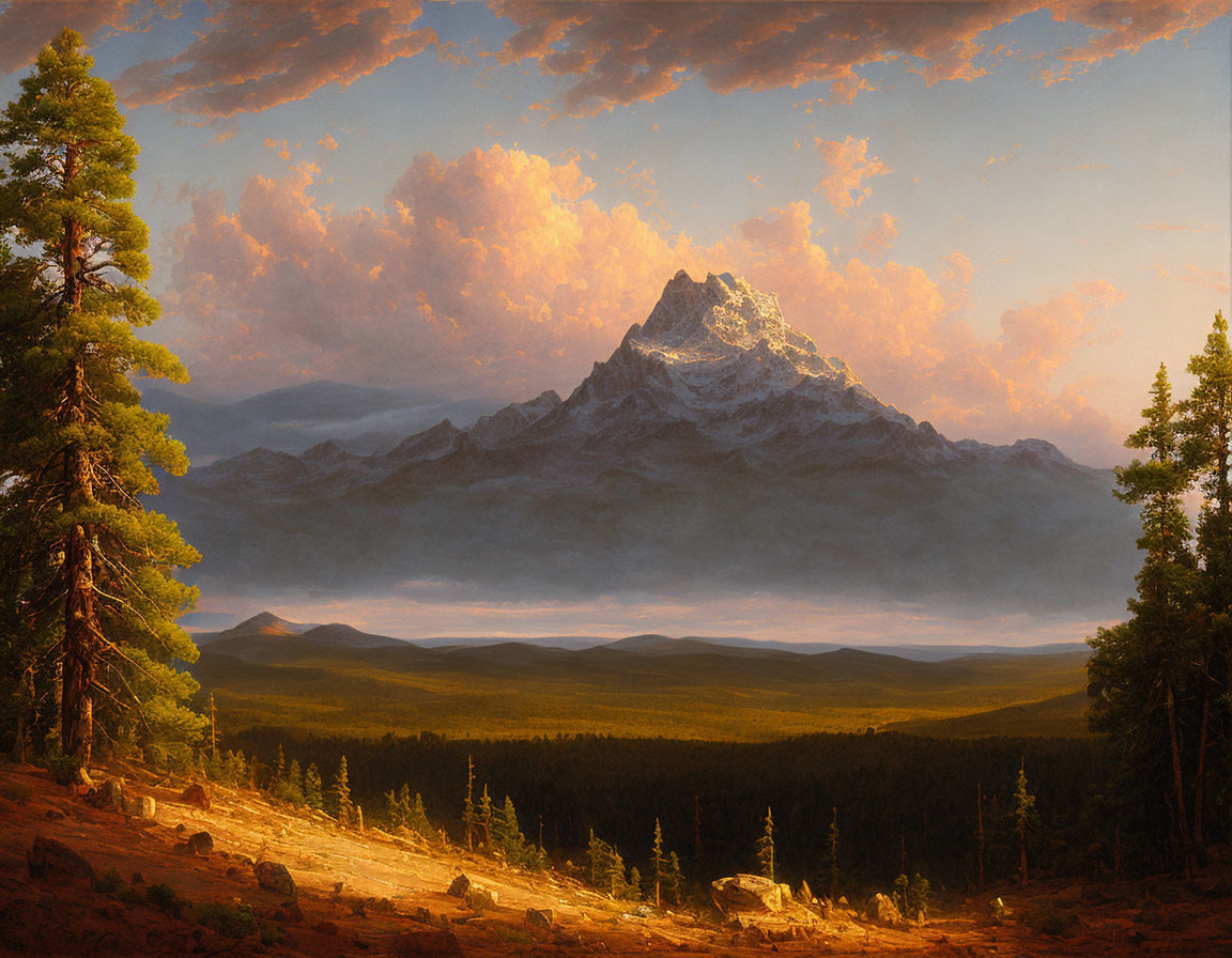 Majestic mountain peak in golden light above vast forest at sunset