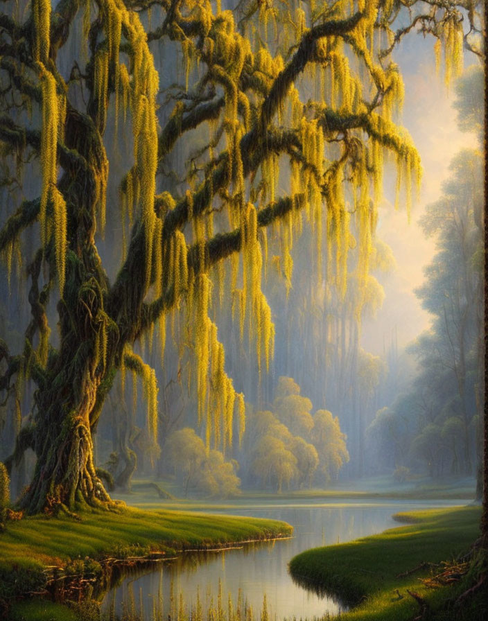 Ethereal landscape: serene pond, majestic trees, warm sunlight