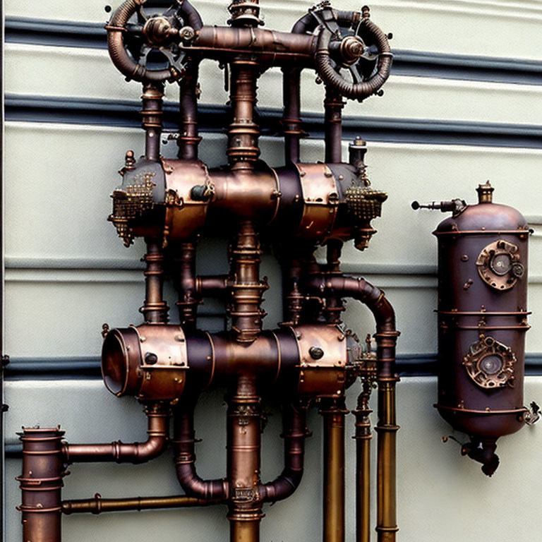 Intricate Steampunk Copper Pipes and Valves on Metal Wall