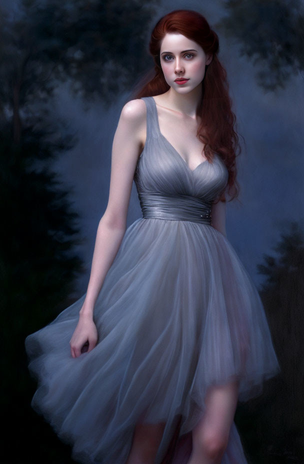 Red-Haired Woman in Grey Dress in Misty Forest Setting