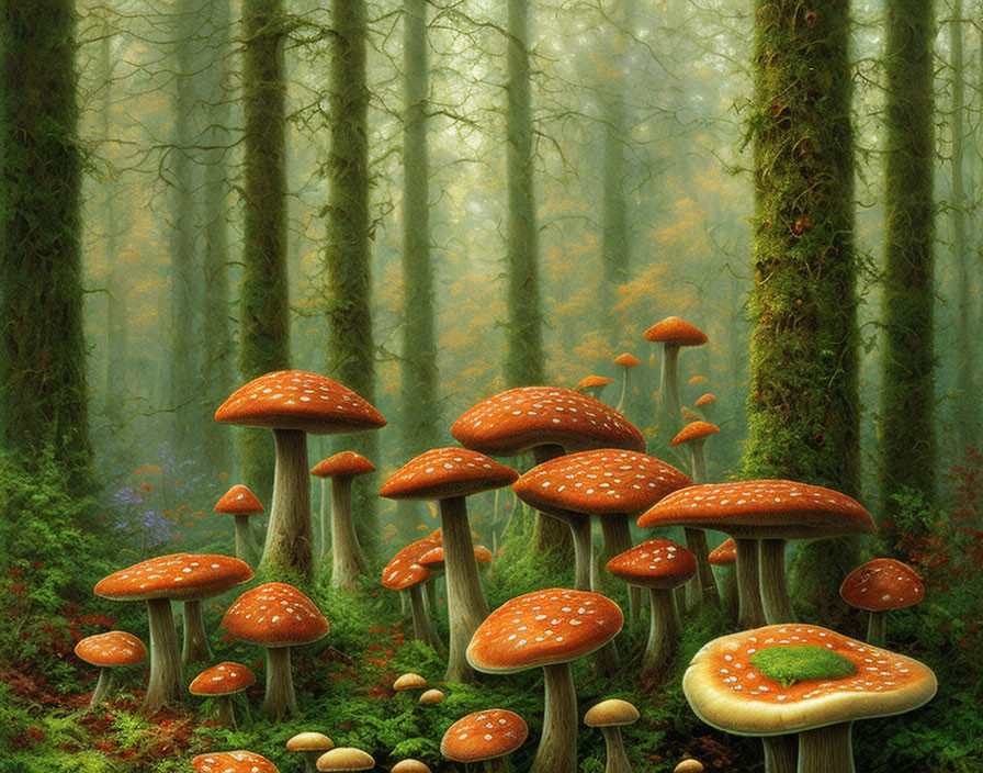 Enchanting forest scene with tall trees and red-capped mushrooms