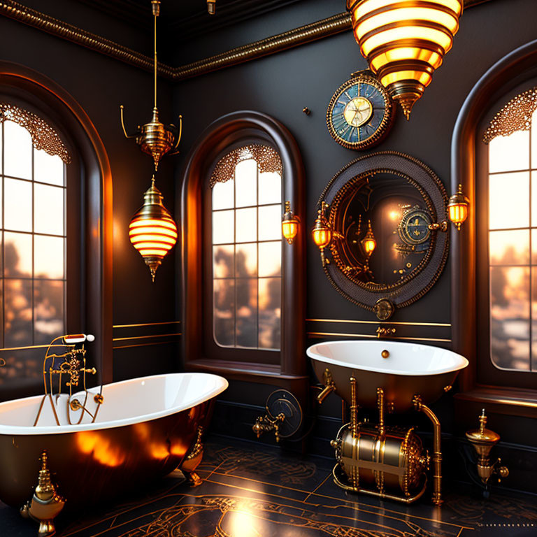 Luxurious Victorian-style bathroom with golden bathtub and intricate decor