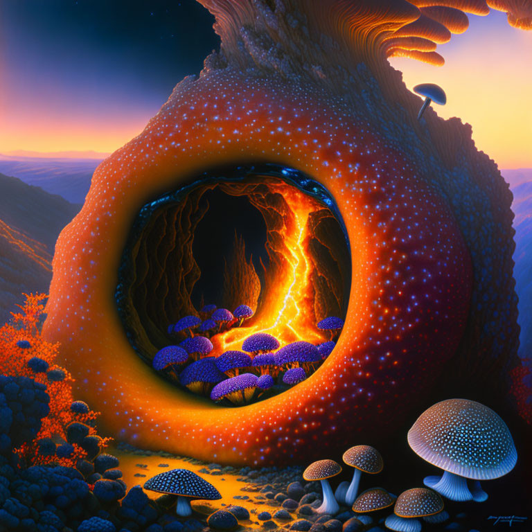 Surreal landscape with orange hollow structure and glowing blue mushrooms