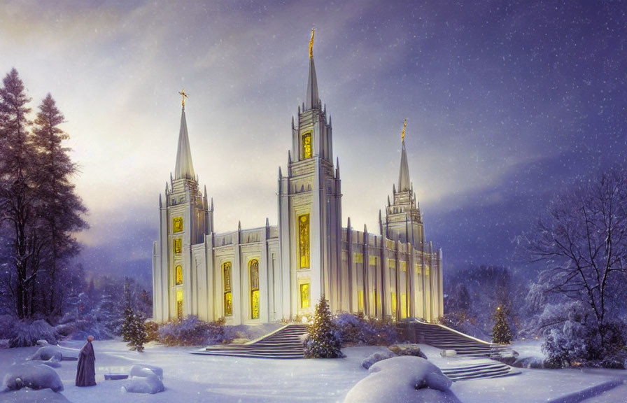 Illuminated church with twin spires in winter landscape