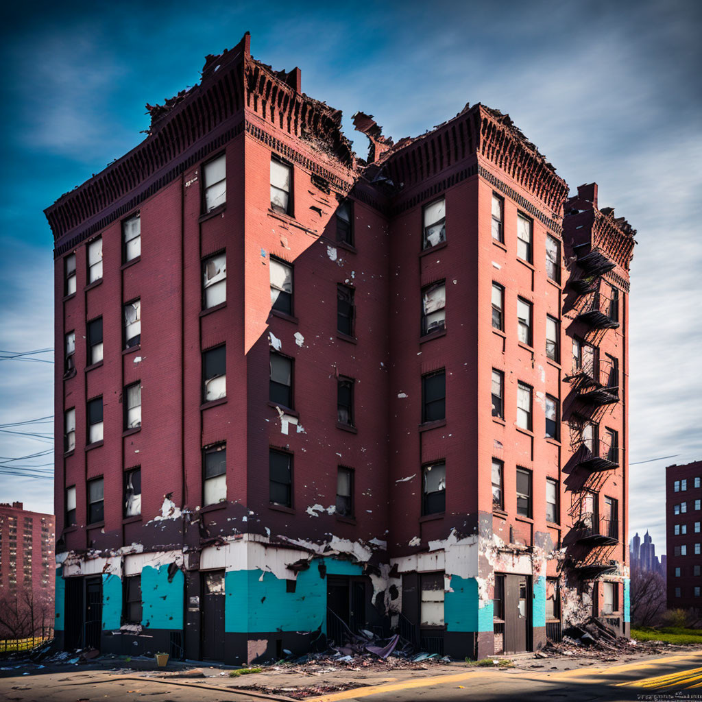 Severely damaged red-brick building with boarded-up windows and fire escape against blue sky